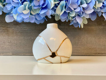 Kintsugi Repaired White Porcelain Bud Vase Gold Inlaid